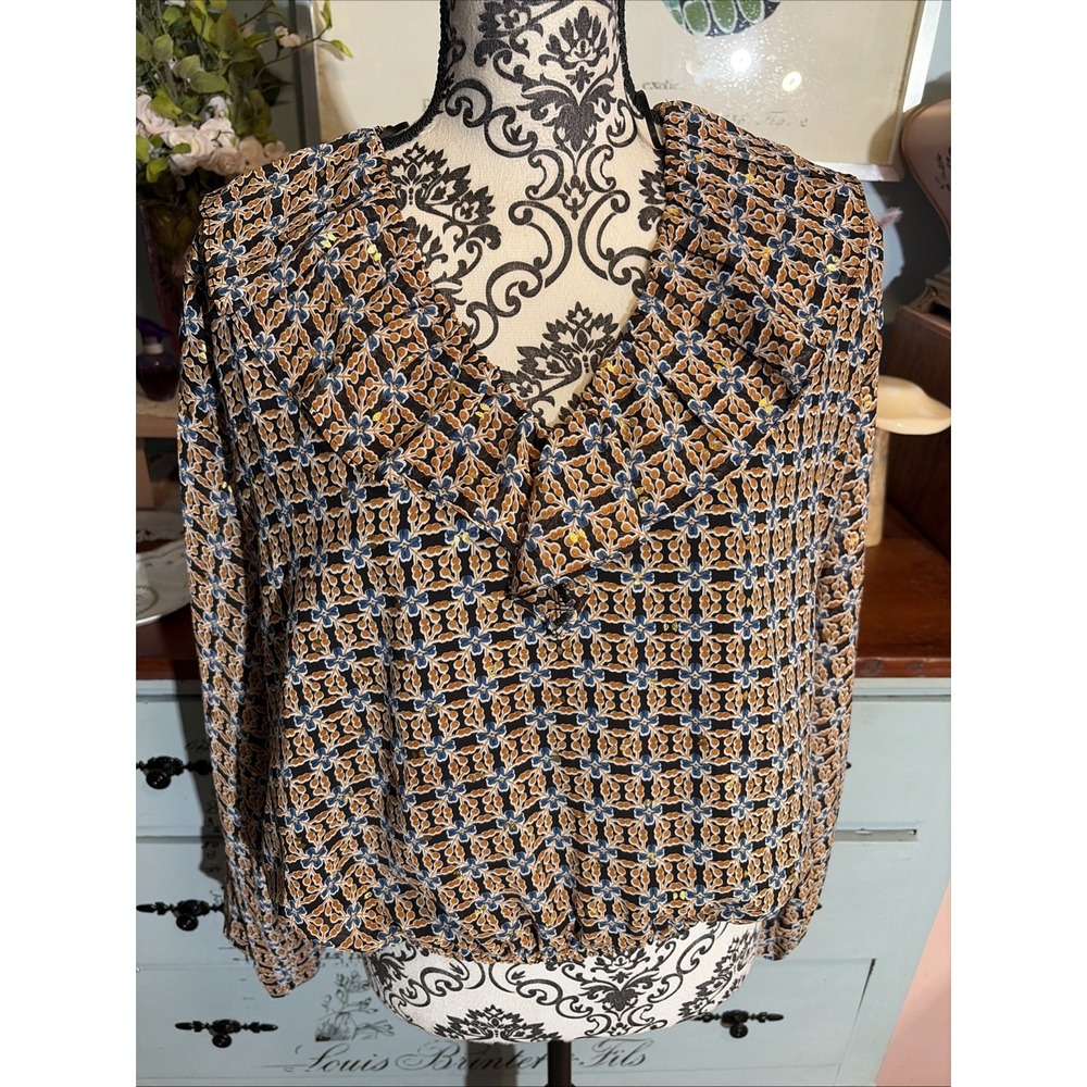 Sage & Fig Floral Blouse. Elastic Waist Long Sleeve. Sz Large